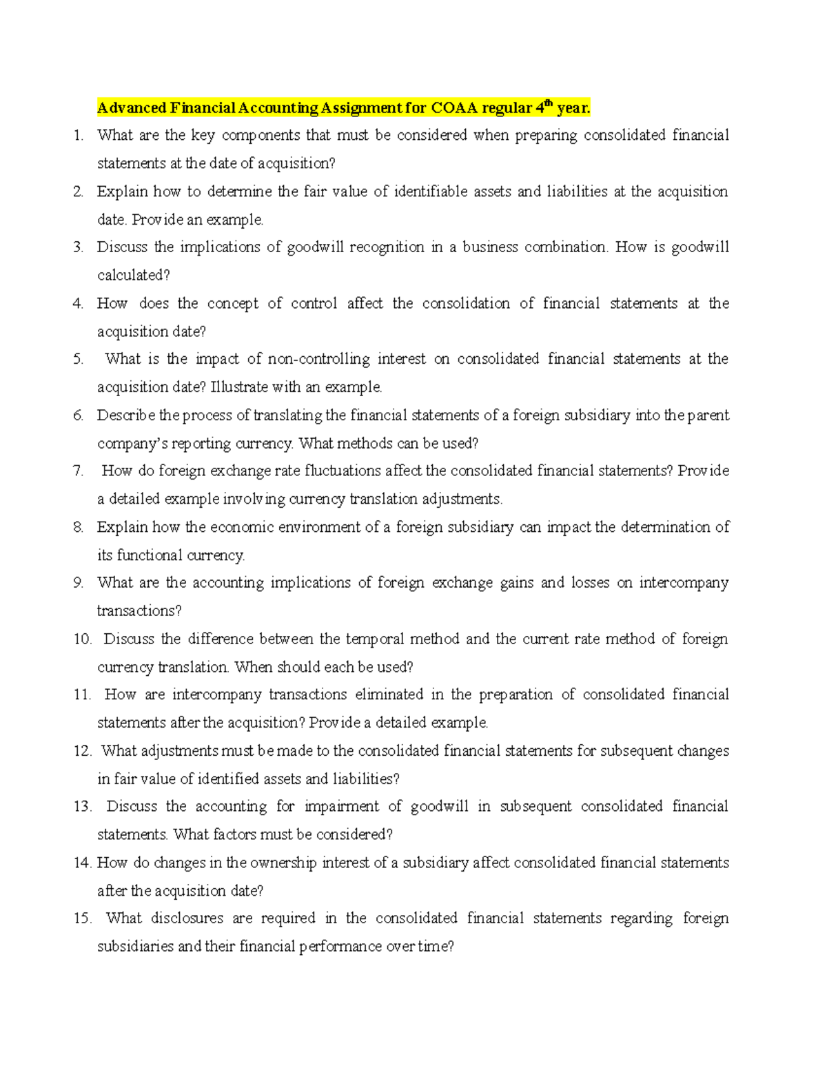 Advanced Financial Accounting Assignment for COAA regular 4th year ...