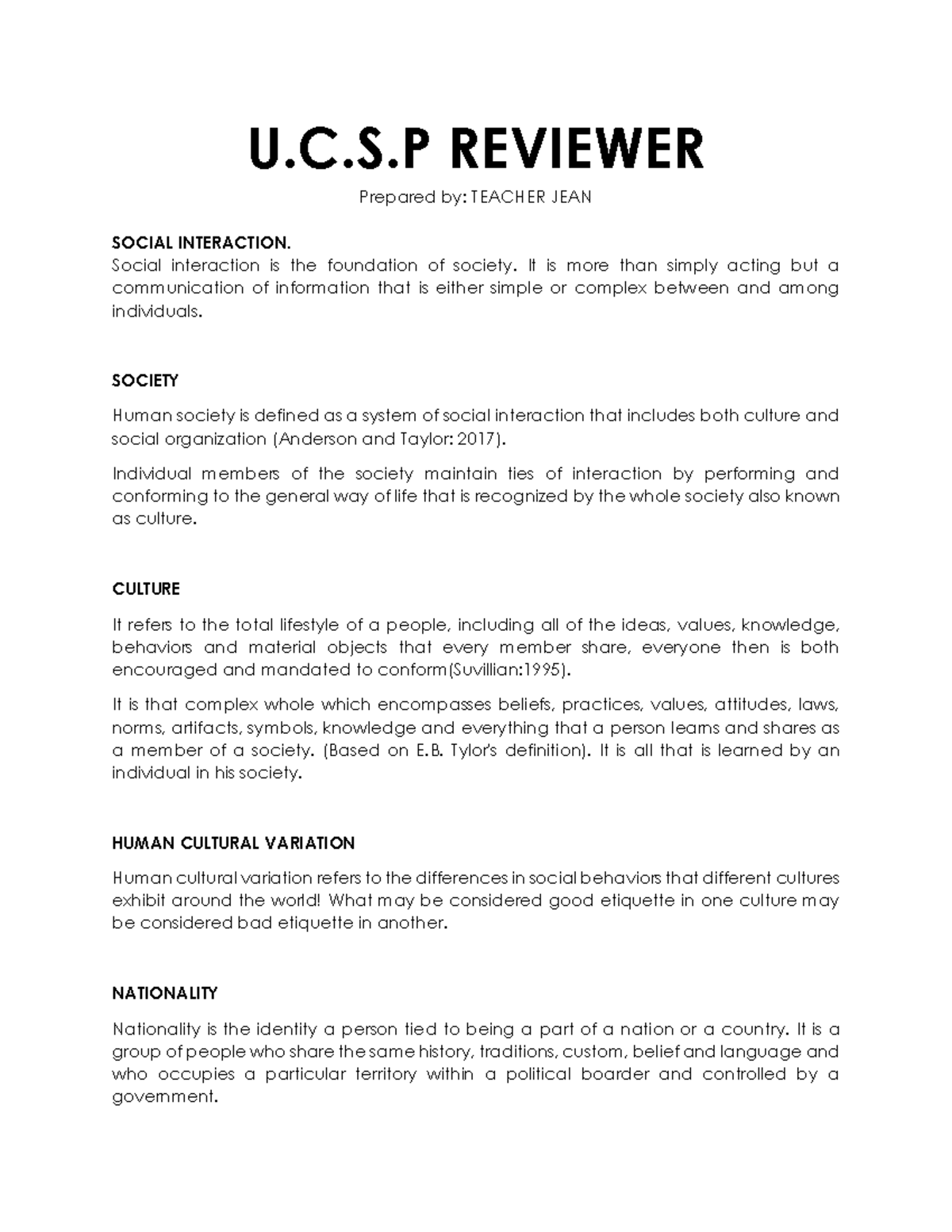 UCSP- Social Interaction and Cultural Variation Reviewer - Studocu