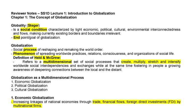 SS1D Lecture 1: Intro to Globalization & Key Concepts - Studocu
