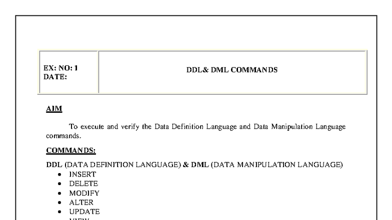DBMS Lab: DDL & DML Commands and TCL Overview - Studocu