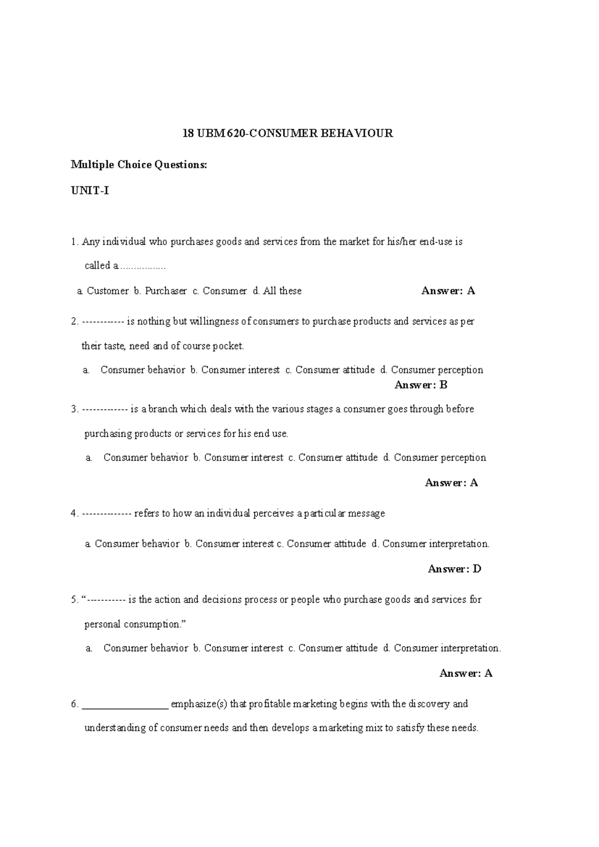 18 UBM 620: MCQs on Consumer Behavior - Study Guide - Studocu