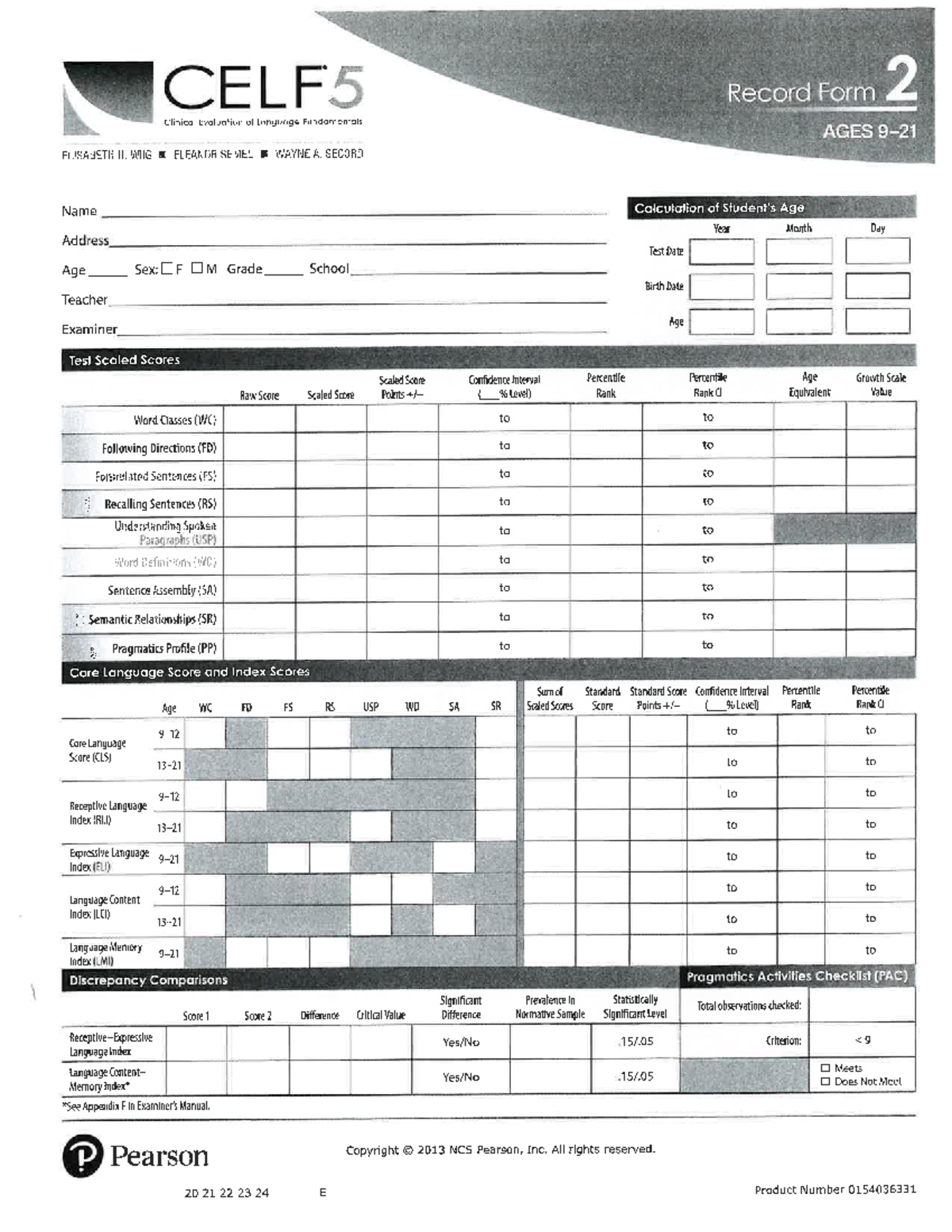 Clinical Evaluation of Language Fundamentals (CELF-5) - Record Form 2 ...