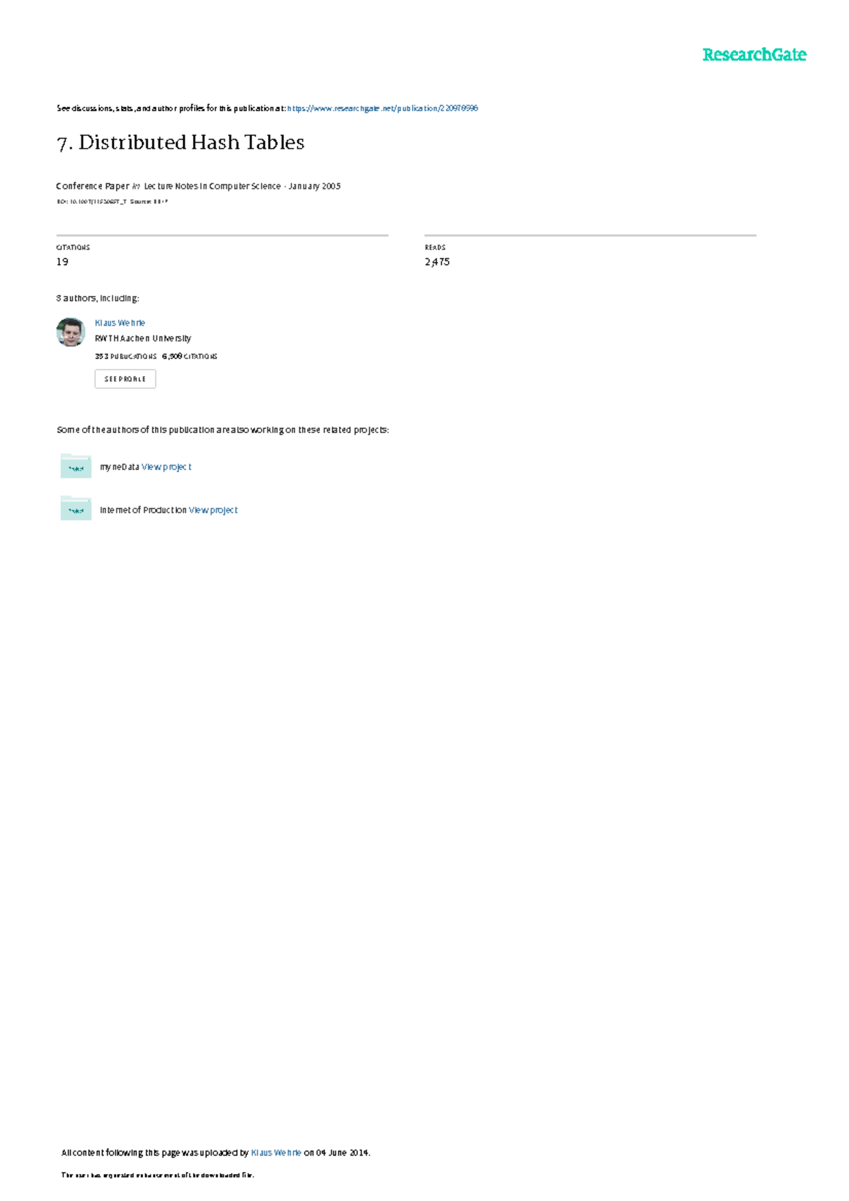 F2713920 Lecture Notes on Distributed Hash Tables (DHT) Mechanisms ...