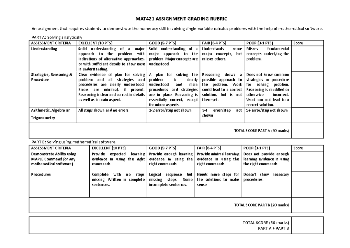 MAT421 ASSIGNMENT GRADING RUBRIC: Calculus Problem Solving Skills - Studocu