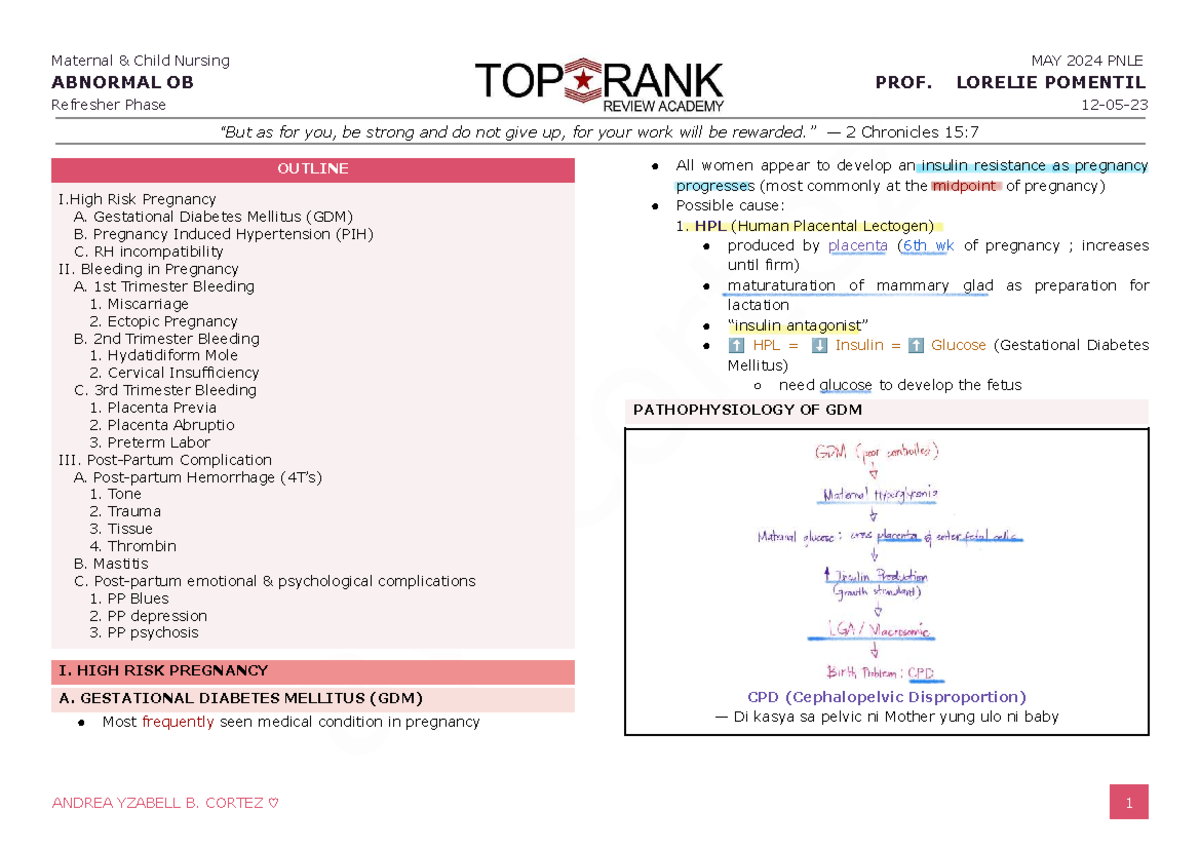 Maternal Child Nursing Refresher: OB Abnormalities for PNLE May 2024 - Document Preview