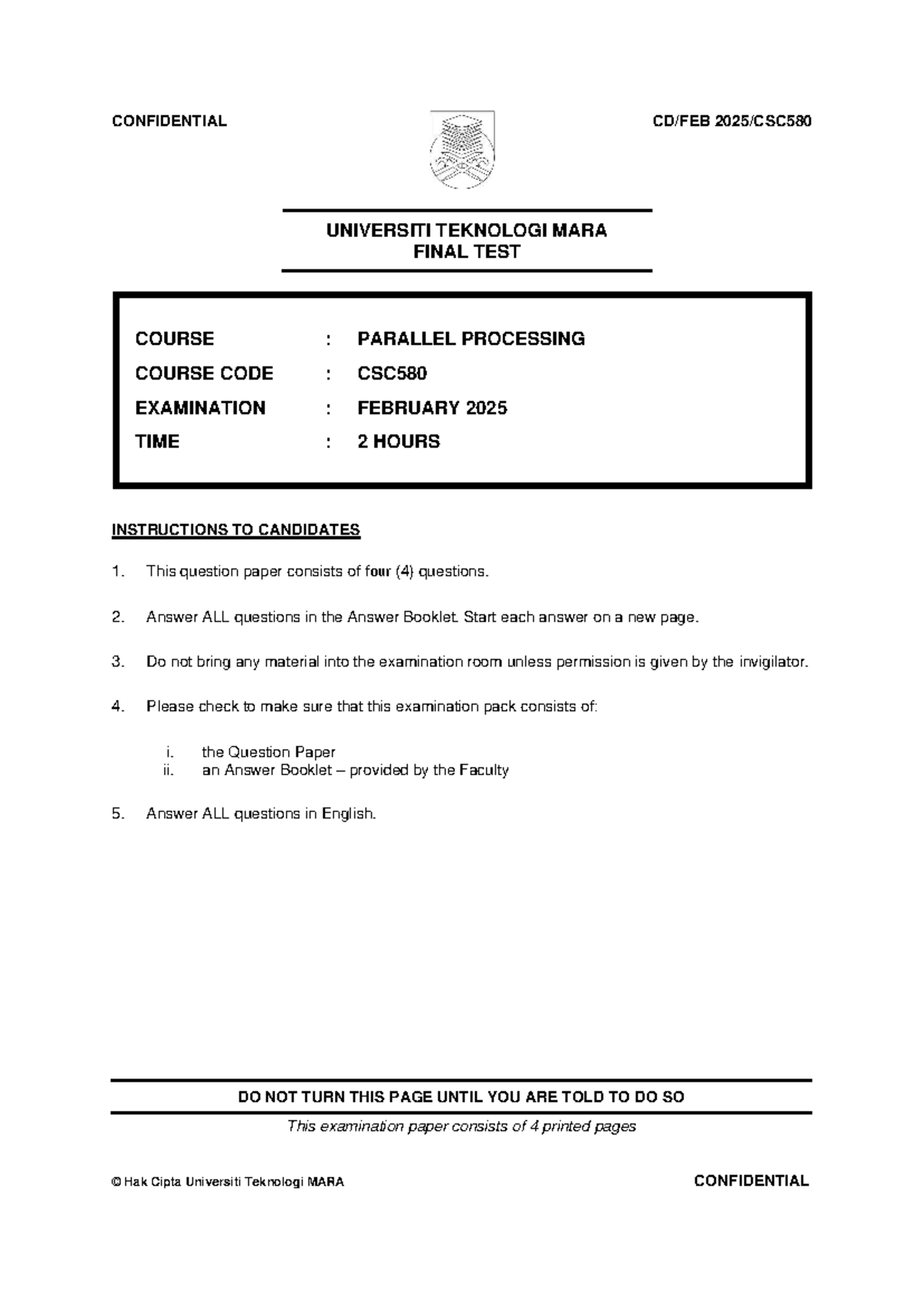 CSC580 Final Test: Parallel Processing Examination February 2025 - Studocu