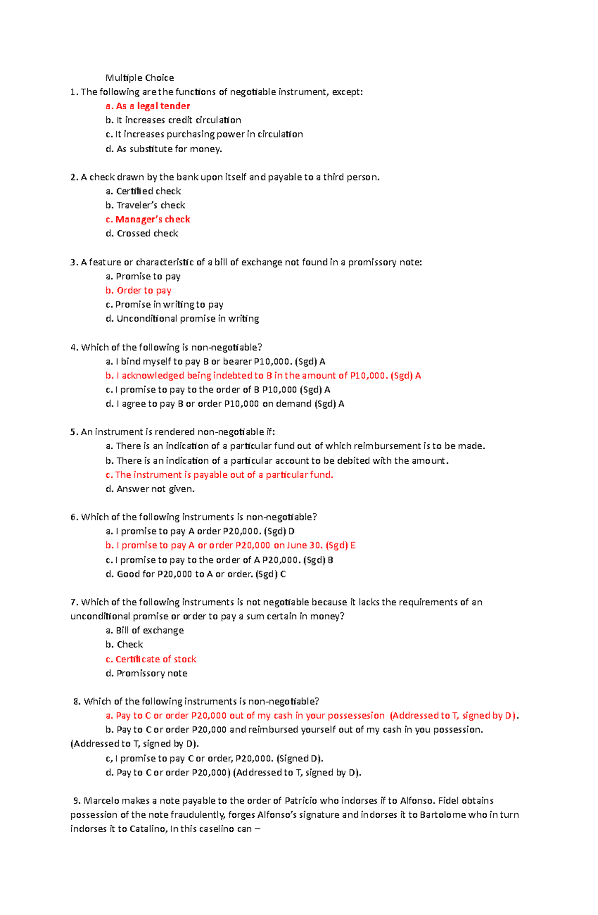 Multiple Choice Negotiable instrument - Multiple Choice The following ...