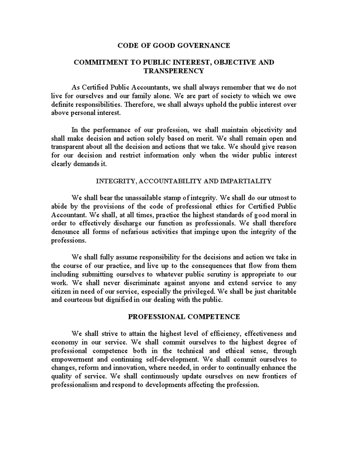 Code of Good Governance: Commitment to Integrity & Public Service - Studocu