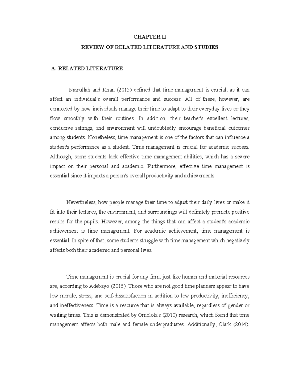 Chapter II: RRL on Time Management & Academic Performance - Studocu