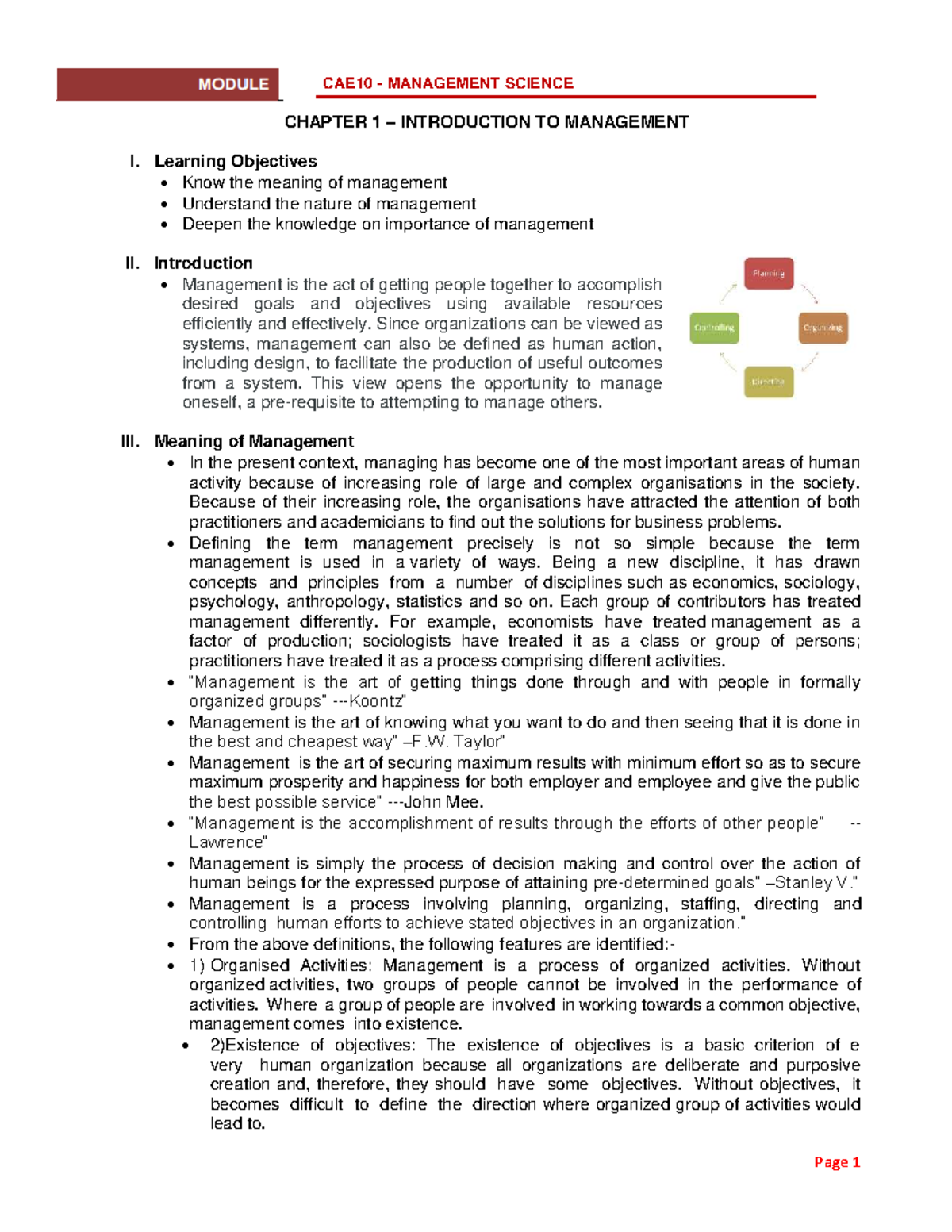 CAE10 MANAGEMENT SCIENCE CHAPTER 1: INTRODUCTION TO MANAGEMENT - Studocu