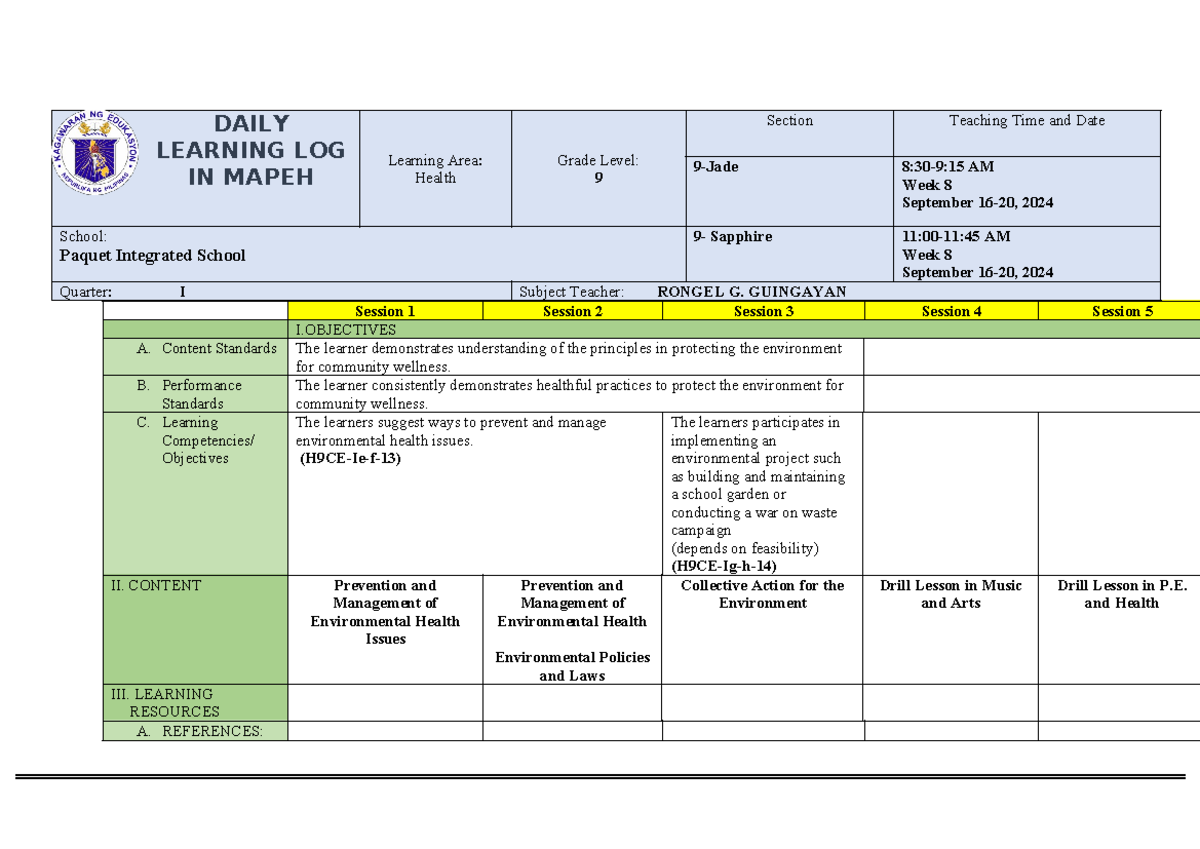 Health 9 Q1 week 2 - FVETHW4T - DAILY LEARNING LOG IN MAPEH Learning ...