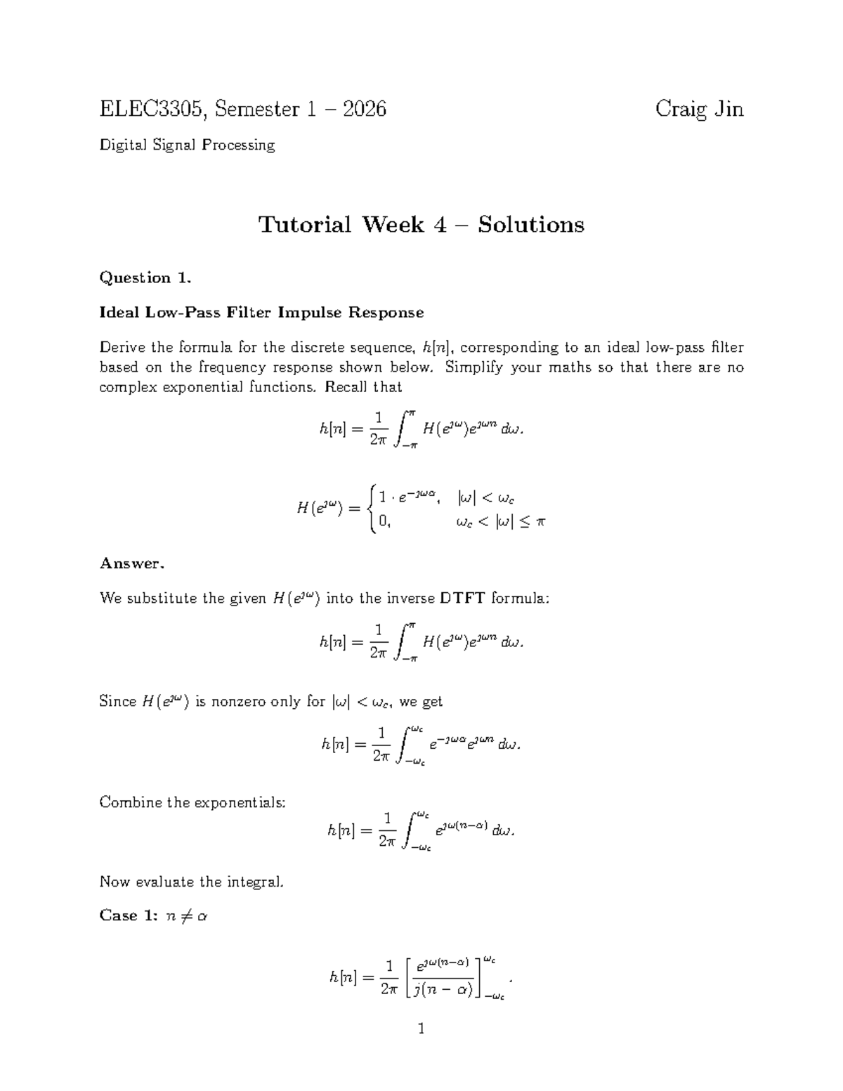 ELEC3305 Tutorial Week 4 Solutions: Ideal Filter Impulse Response - Studocu