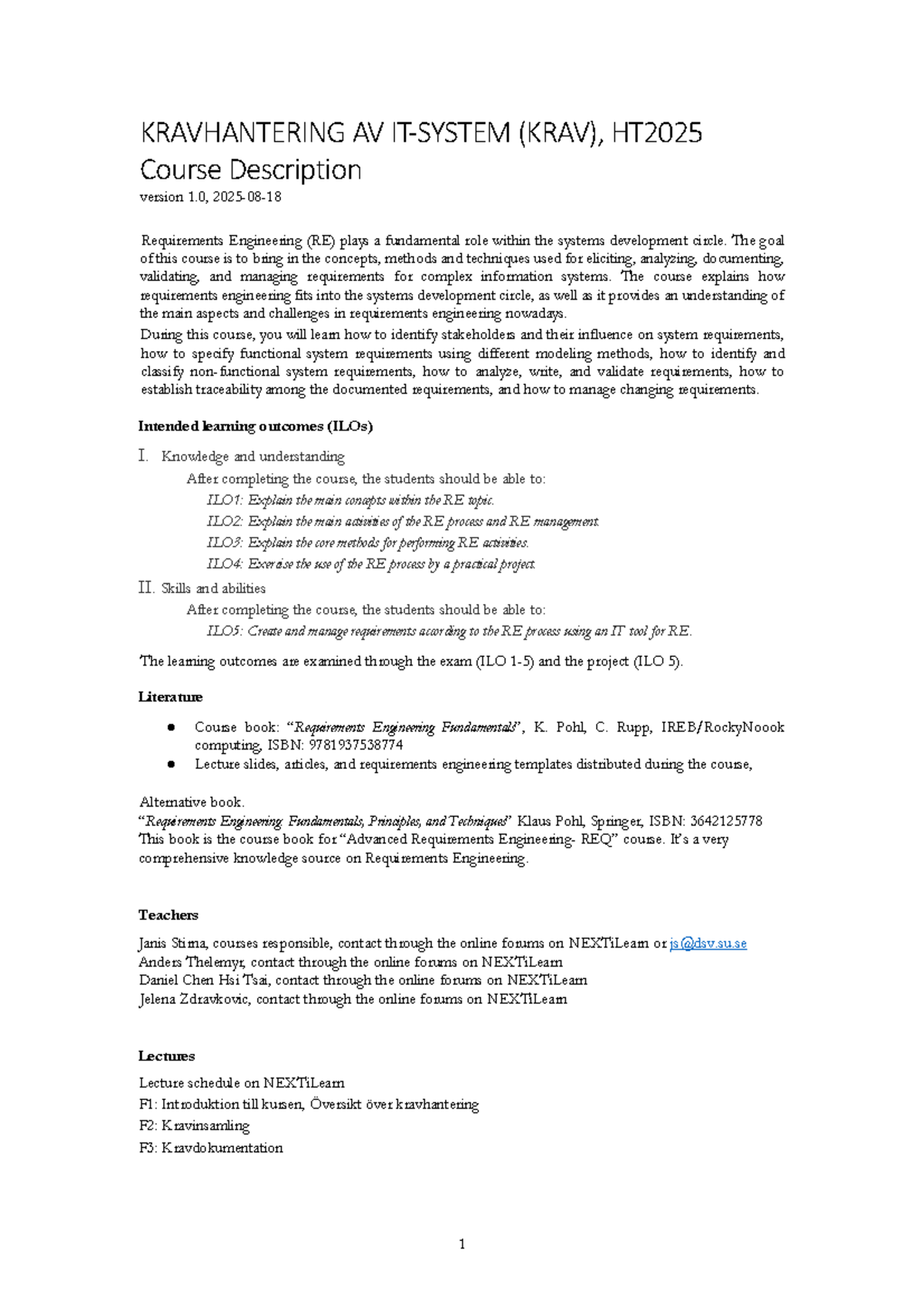 Compendium for Requirements Engineering (RE) Course, HT2025 - Studocu