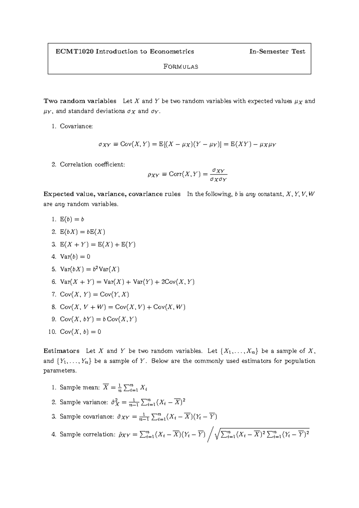 ECMT1020 2025S1 Econometrics Test Formulas & Statistical Tables - Studocu
