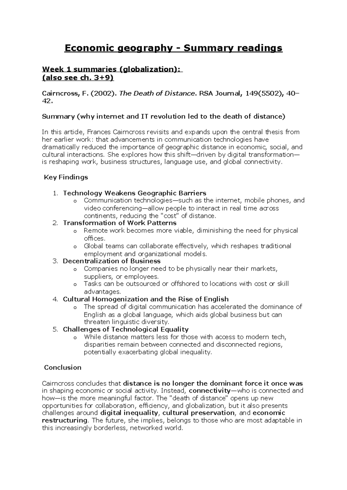 Economic Geography Summary Readings: Week 1 to Week 6 Insights ...
