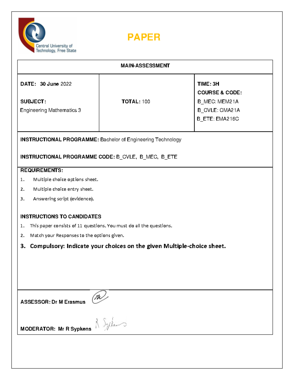 2022 Engineering Mathematics 3 Final Exam Paper: MEM21A, CMA21A ...
