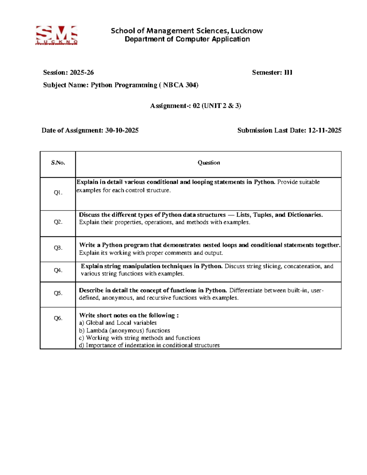 Python Programming (NBCA 304) Unit 2 & 3 Assignment Guide - Studocu