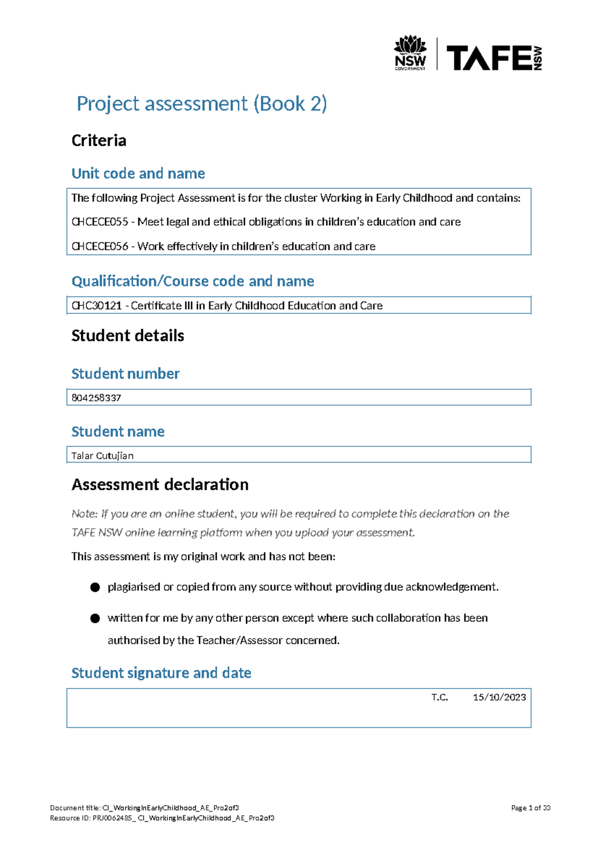 CHC30121 Project Assessment: Working in Early Childhood - Book 2 - Studocu