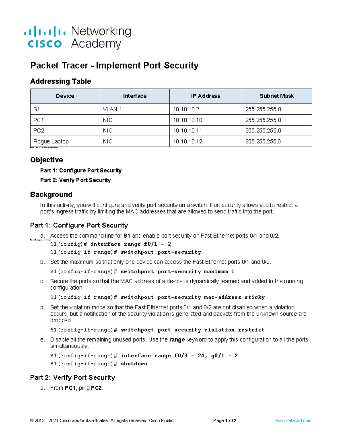 14.3.11 Packet Tracer - Configuring Port Security Setup - Studocu