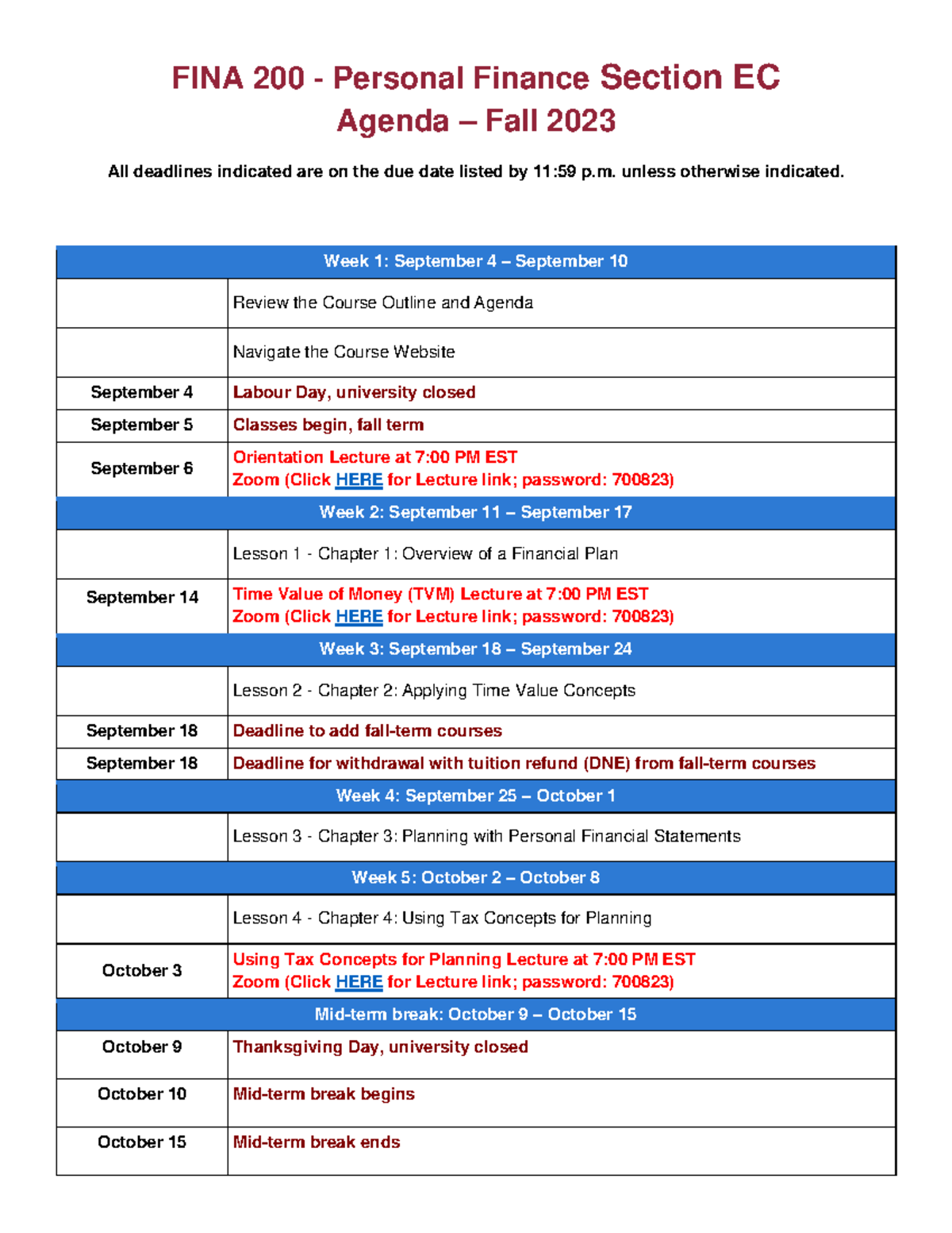 FINA 200 - Personal Finance Course Agenda Fall 2023 - Studocu