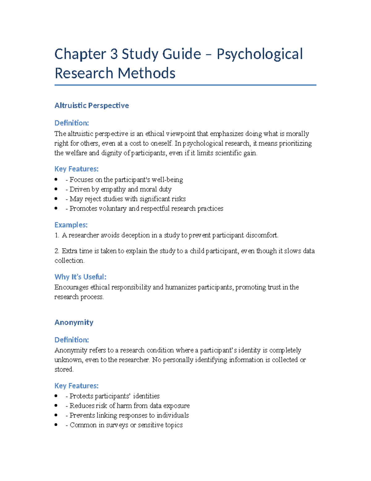 Chapter 3 Study Guide: Ethical Considerations in Psychological Research ...