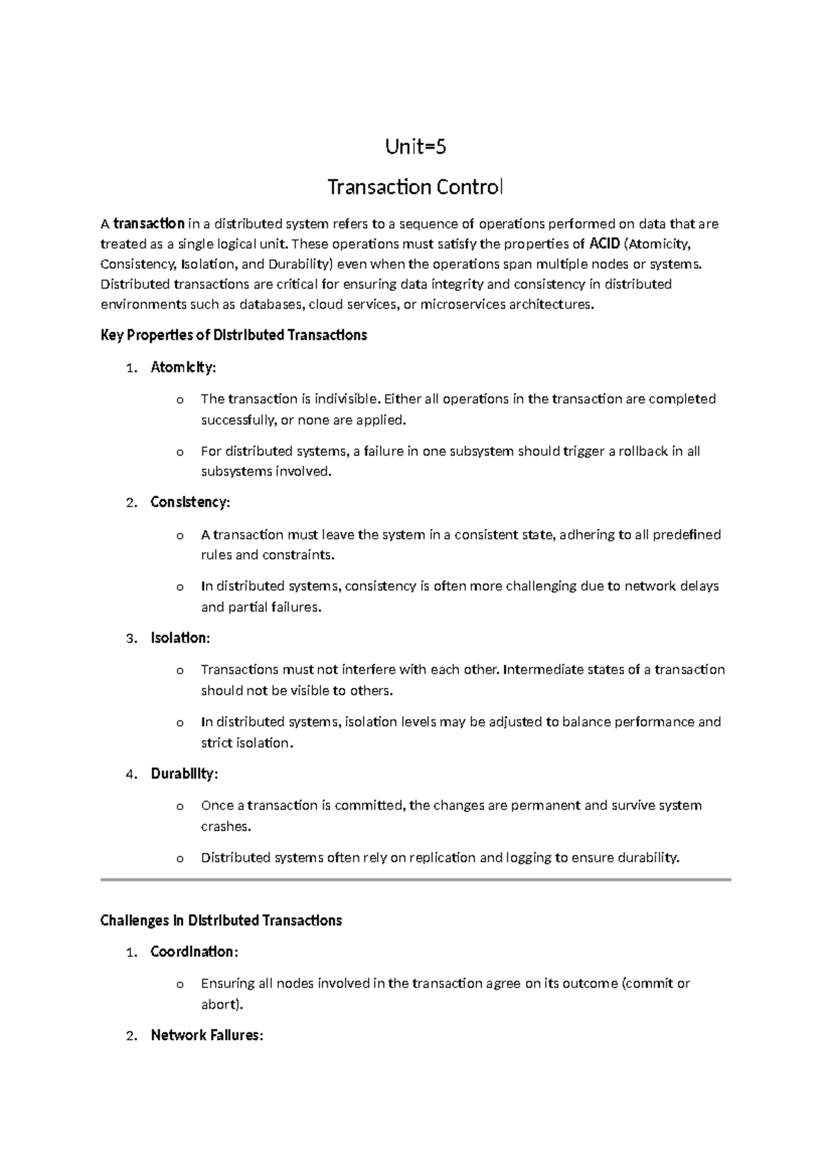Ds unit 5 notes - n/a - Unit= Transaction Control A transaction in a ...