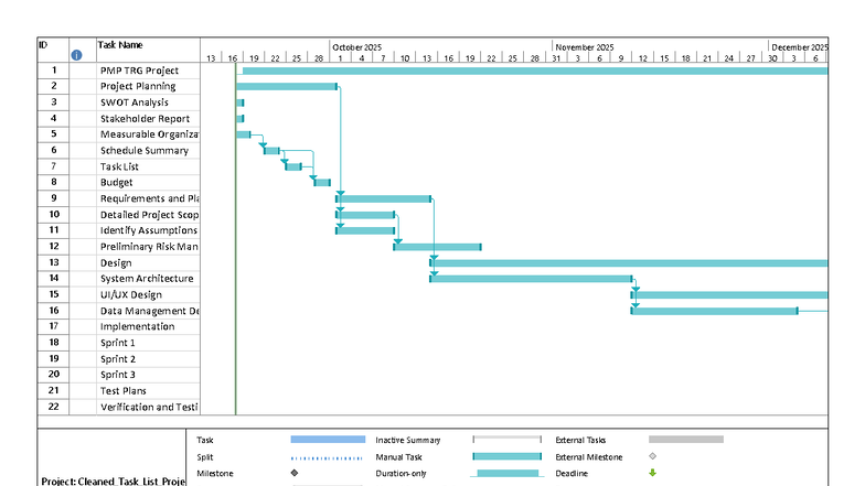 PMP TRG Project Cleaned Task List and Schedule Overview - Studocu