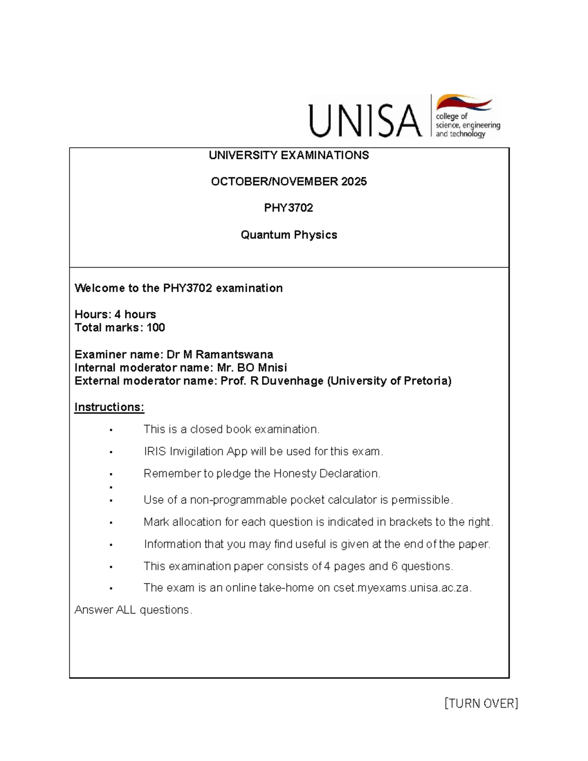 PHY3702 Final Exam Paper - Quantum Physics Oct/Nov 2025 - Studocu