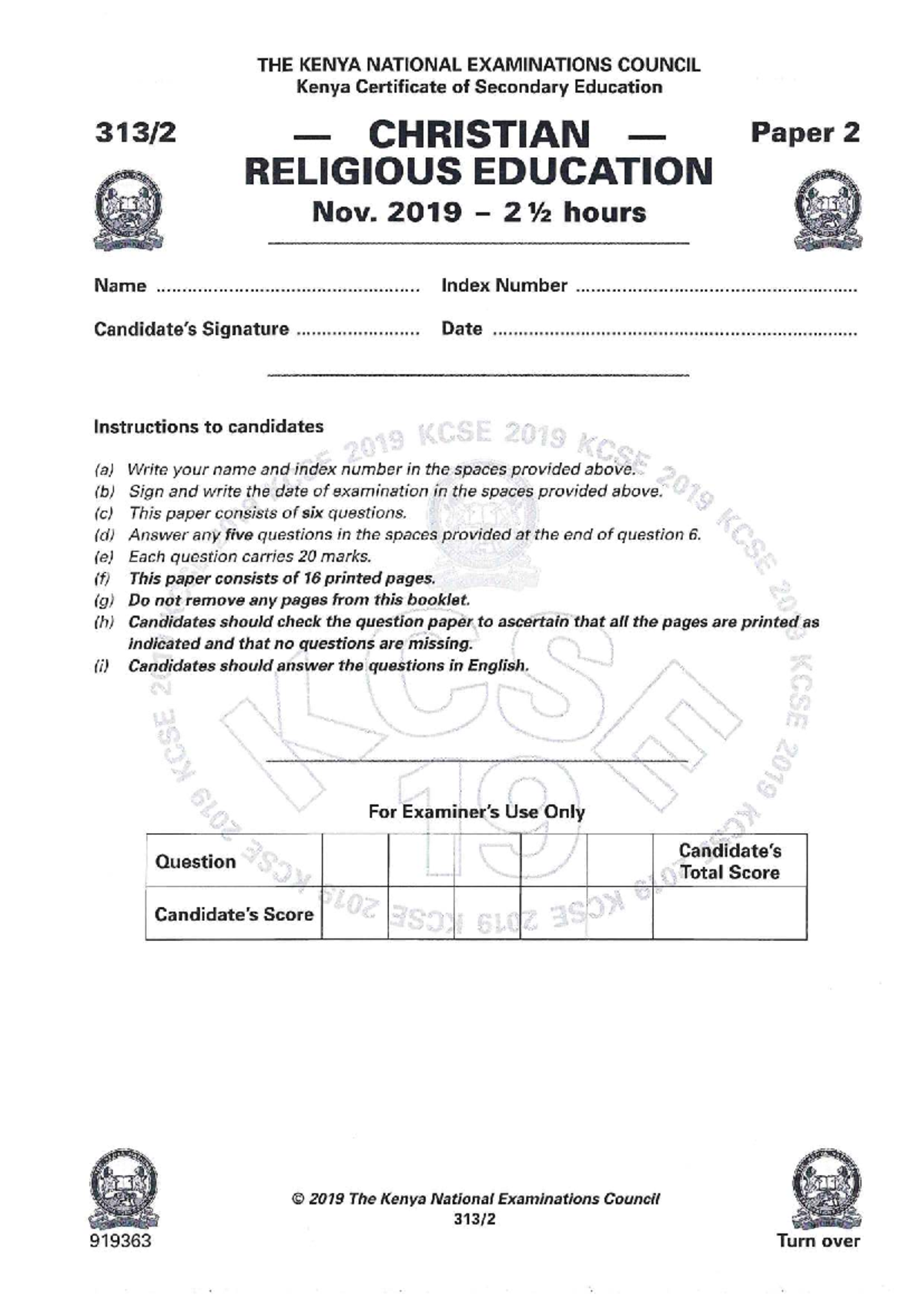 2019 KCSE CRE Paper 2 - Exam Instructions and Questions - Studocu