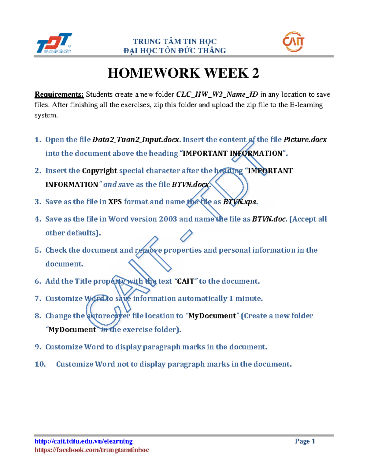 CLC Homework Week 2 - CSTH: Word Document Tasks and Requirements - Studocu