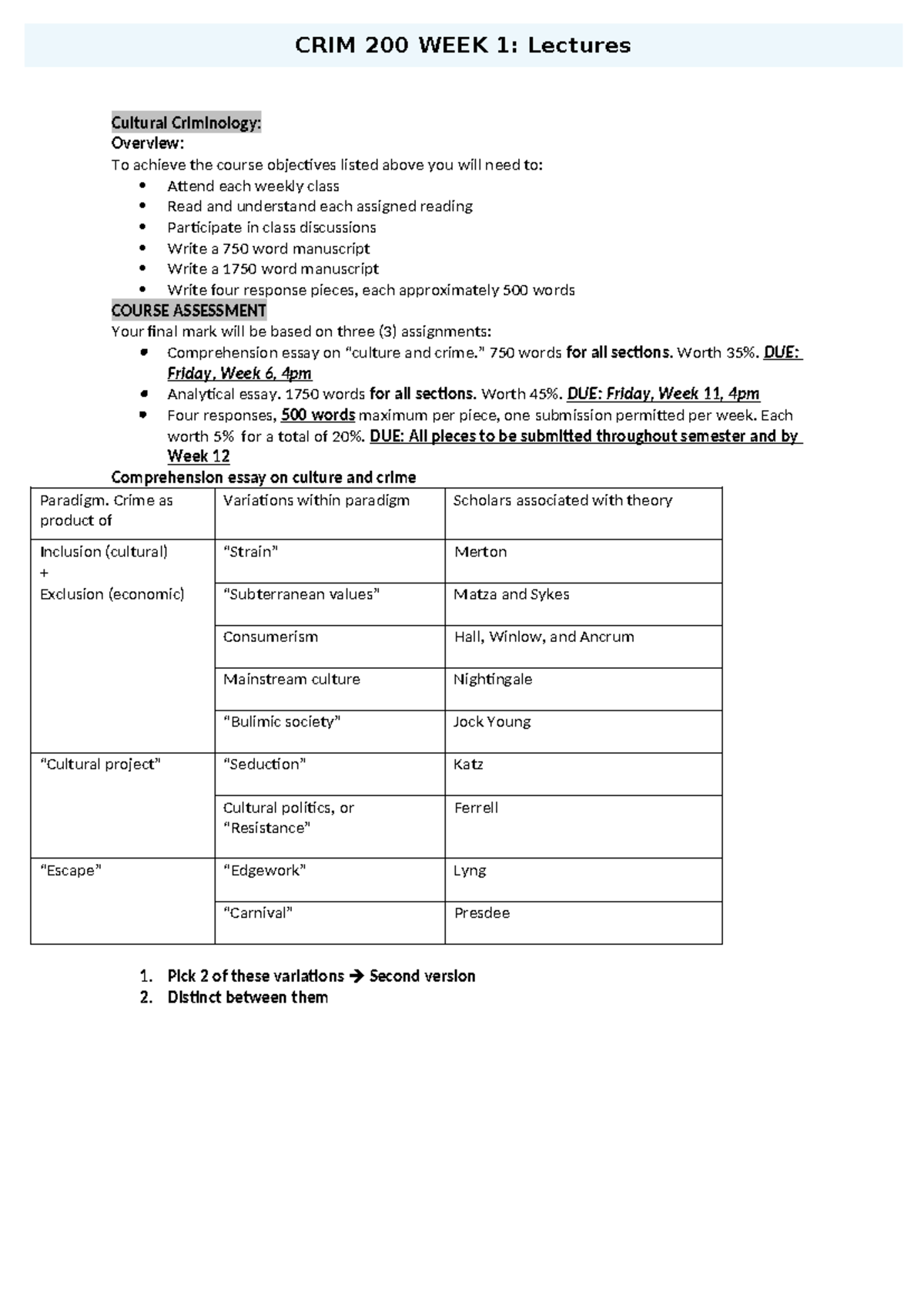 CRIM 200: Week 1 Lecture Notes on Cultural Criminology Overview - Studocu