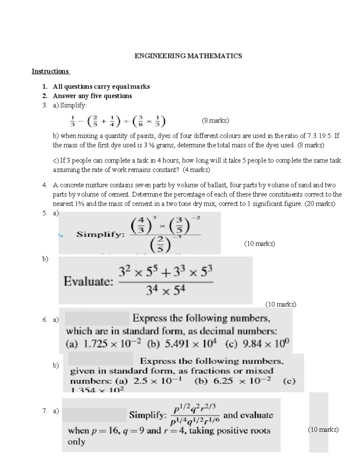 ENGR MATH: Exam Instructions & Sample Questions for Practice - Studocu