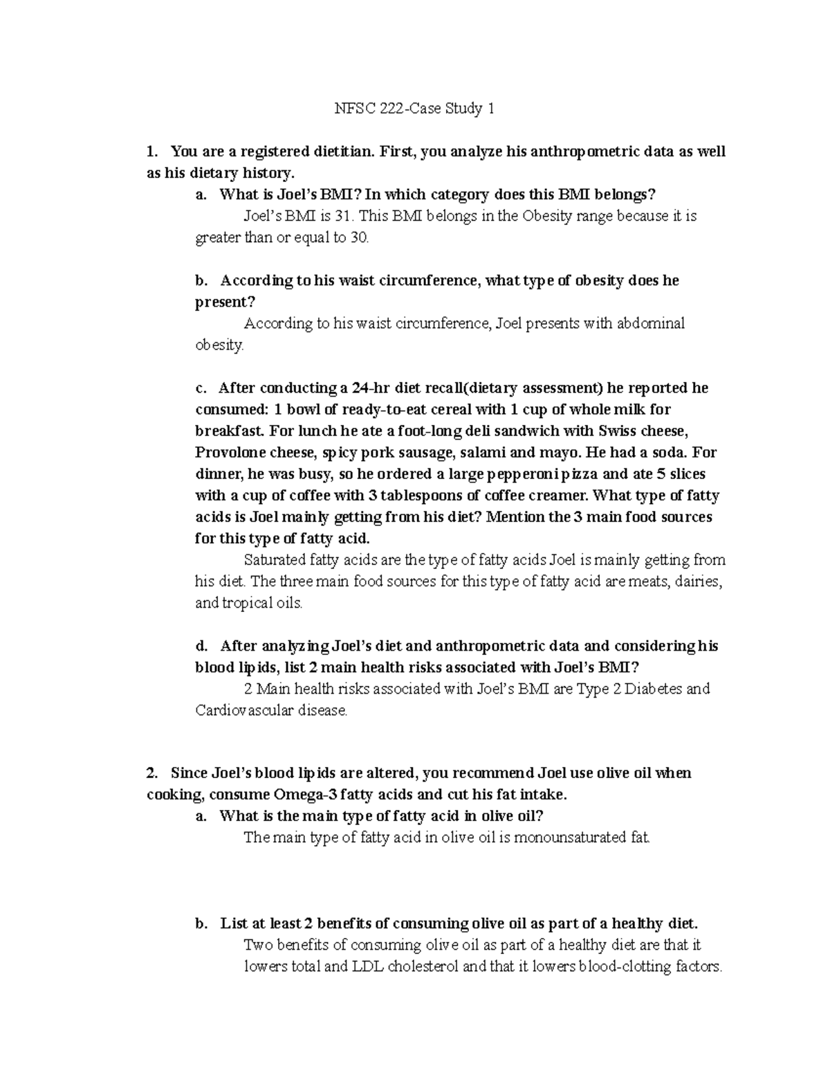 NFSC 222 Case Study 1: Analyzing Diet and Health Risks for Joel - Studocu