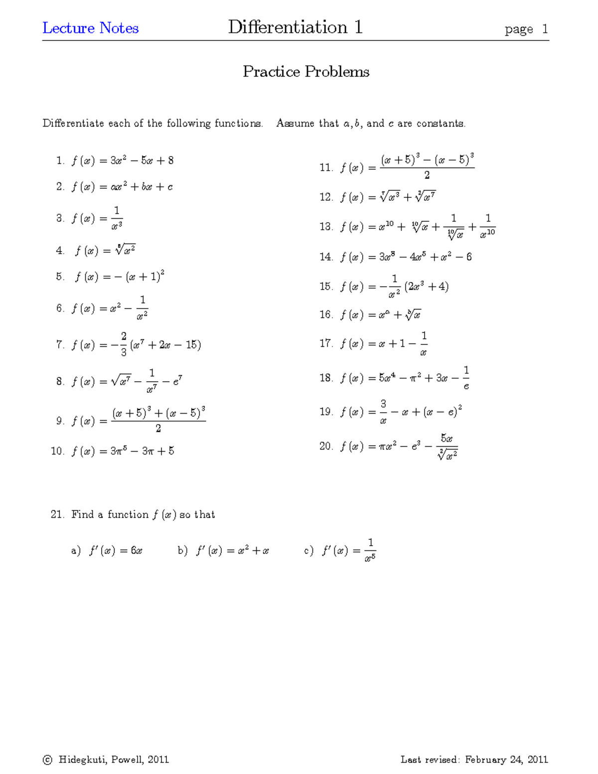 Differentiation Practice Problems - Lecture Notes (MATH 101) - Studocu