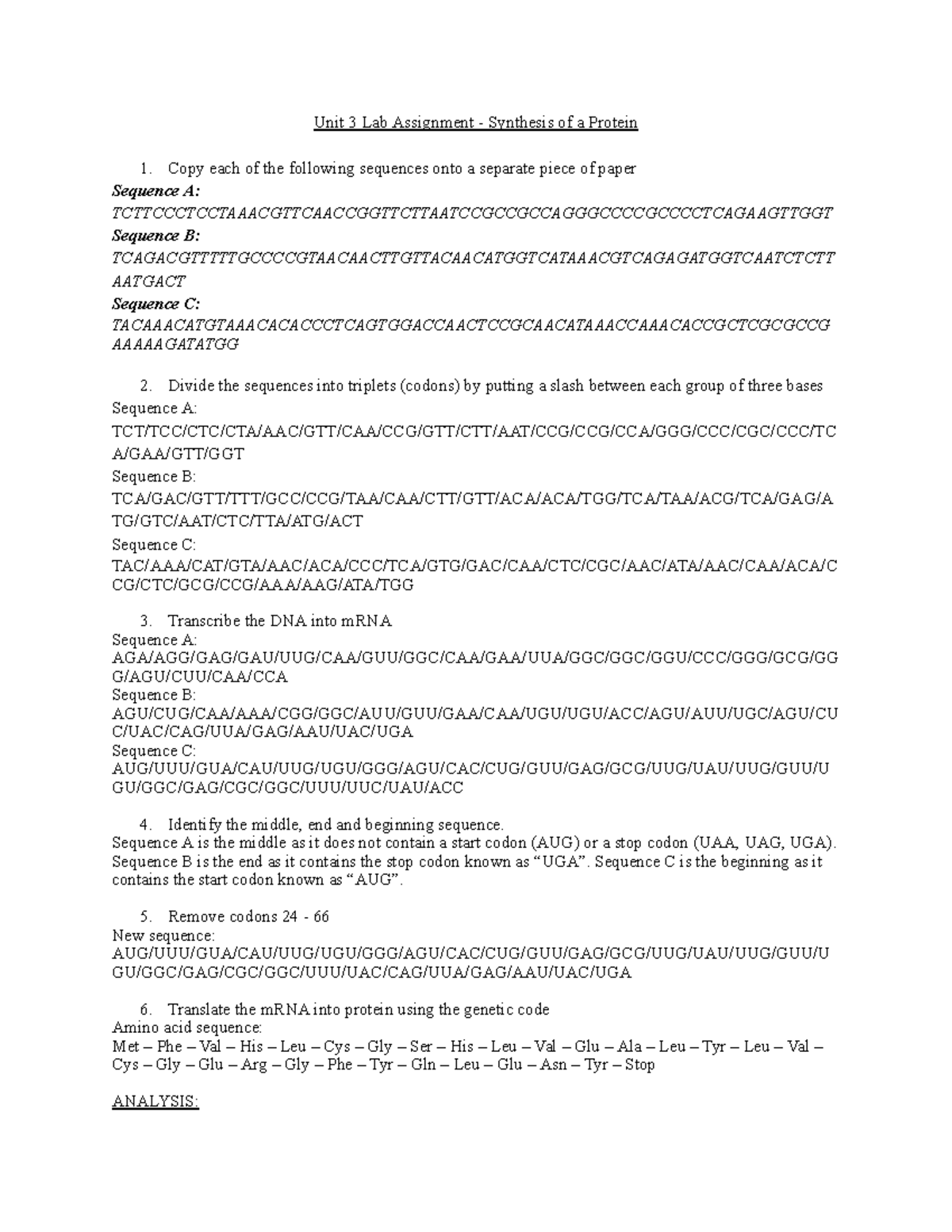 Unit 3 Lab Assignment - Synthesis of a Protein - Sequence A is the ...