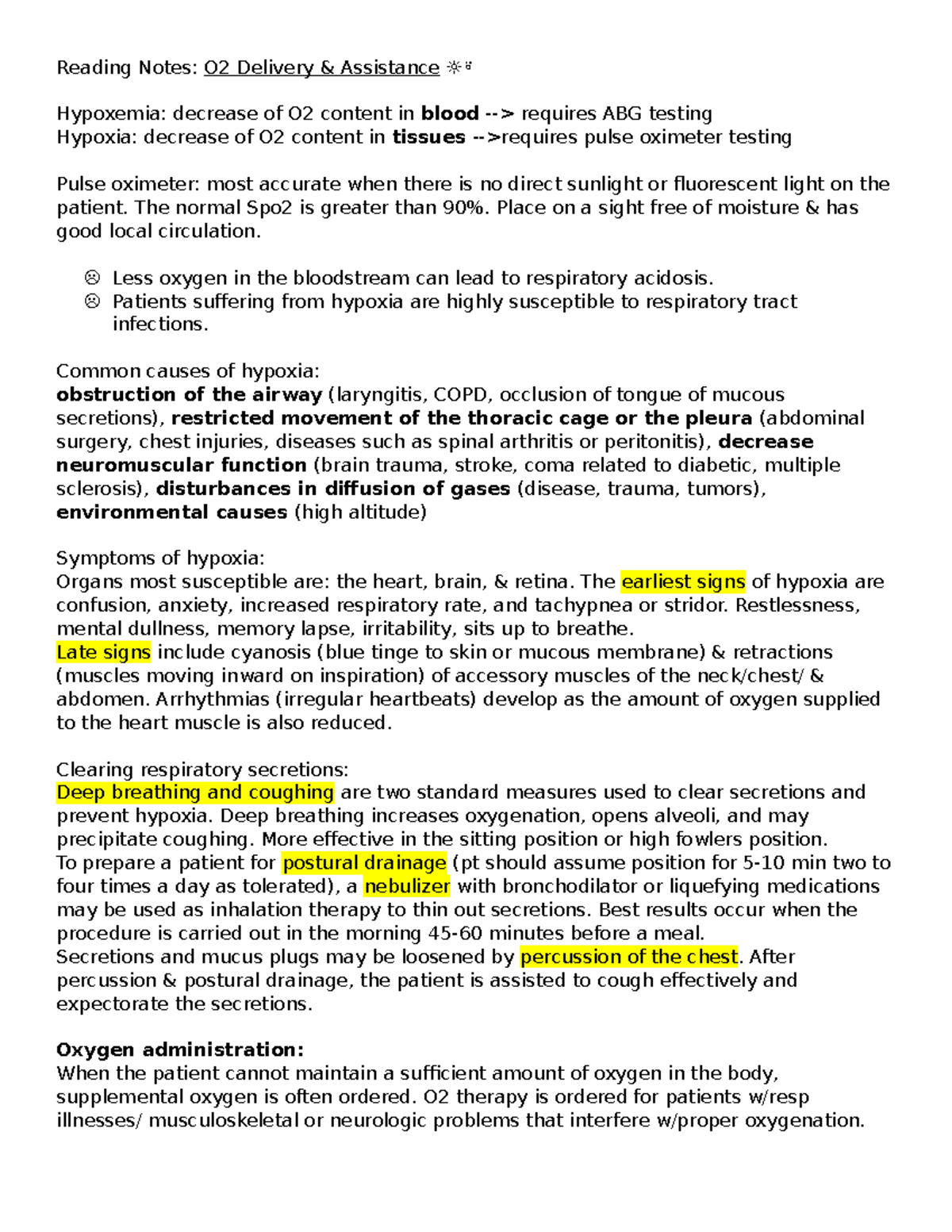 Reading notes - Reading Notes: O2 Delivery & Assistance ☼⍤ Hypoxemia ...