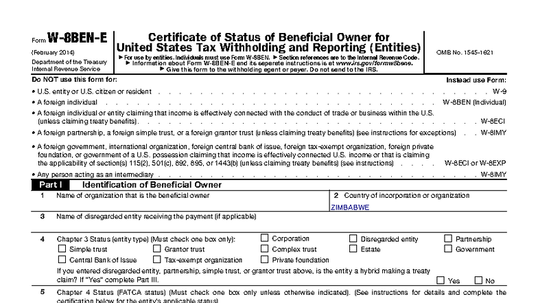 Form W-8BEN-E: Certificate of Status of Beneficial Owner for U.S. Tax ...