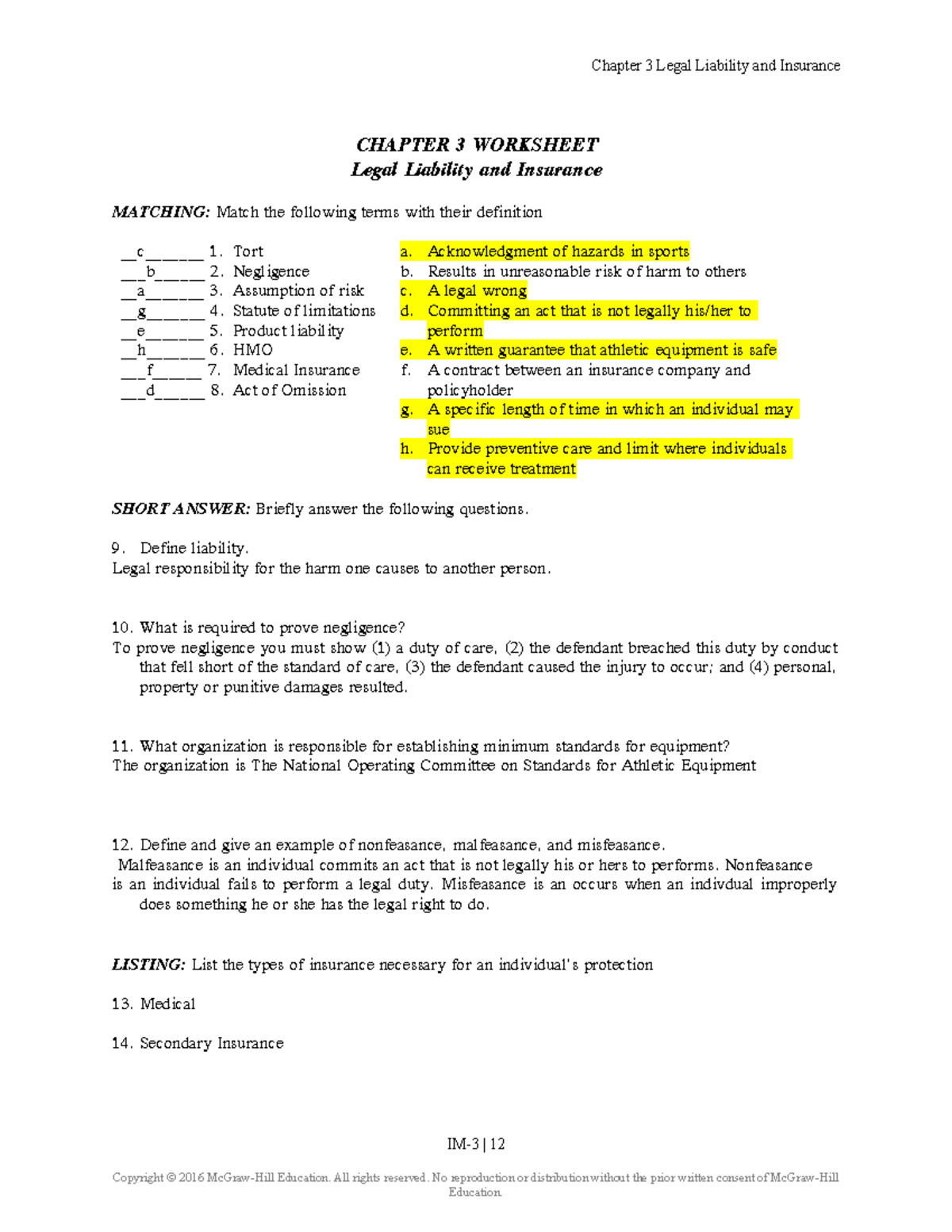 Prentice Chapter 3 WS - Chapter 3 Legal Liability and Insurance CHAPTER ...