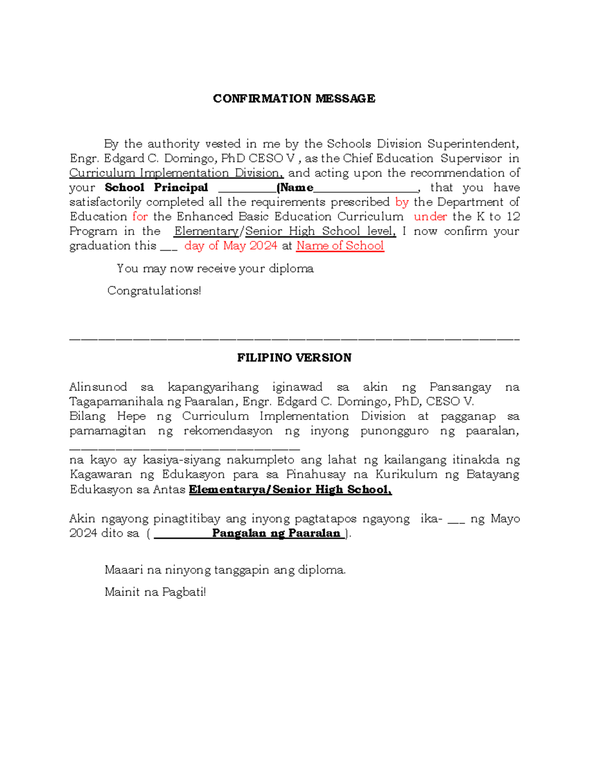 Confirmation Message for Graduation (K to 12) Eng & Fil Versions - Studocu