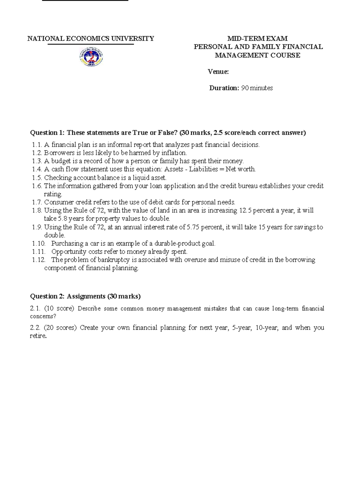 Mid-term Exam - Personal and Family Financial Management (NEU) - Studocu