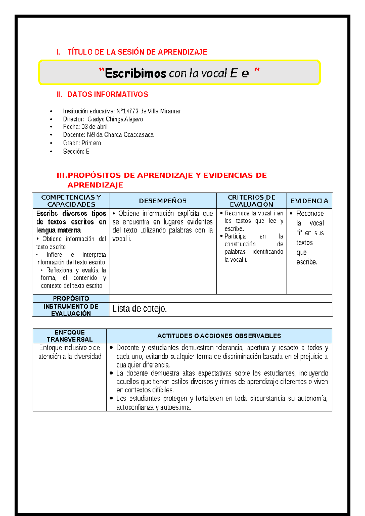 Sesión de Aprendizaje: Escritura y Reconocimiento de la Vocal E ...