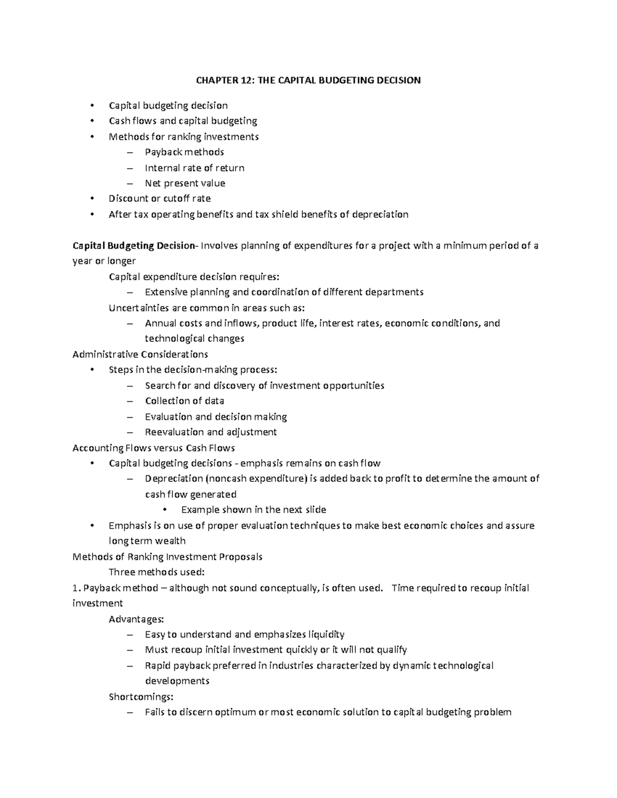 Chapter 12: Key Concepts in Capital Budgeting Decisions - Studocu