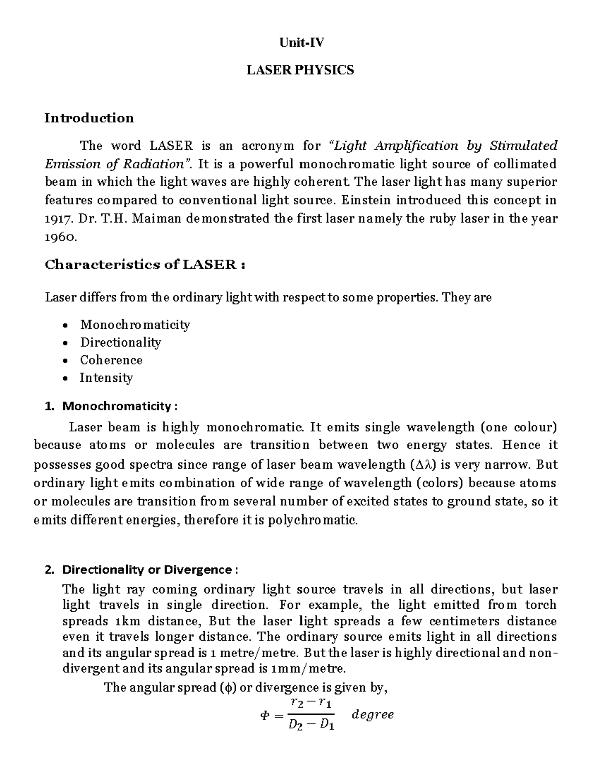 LASER PHYSICS: Comprehensive Notes on Laser Principles and Applications ...