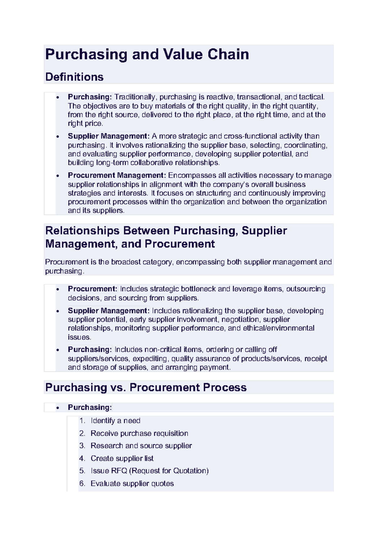 Purchasing and Value Chain Management Overview - Studocu