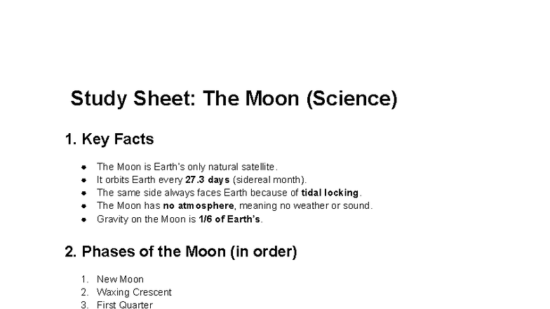 Study Sheet: The Moon (Science) - Key Facts & Phases - Studocu