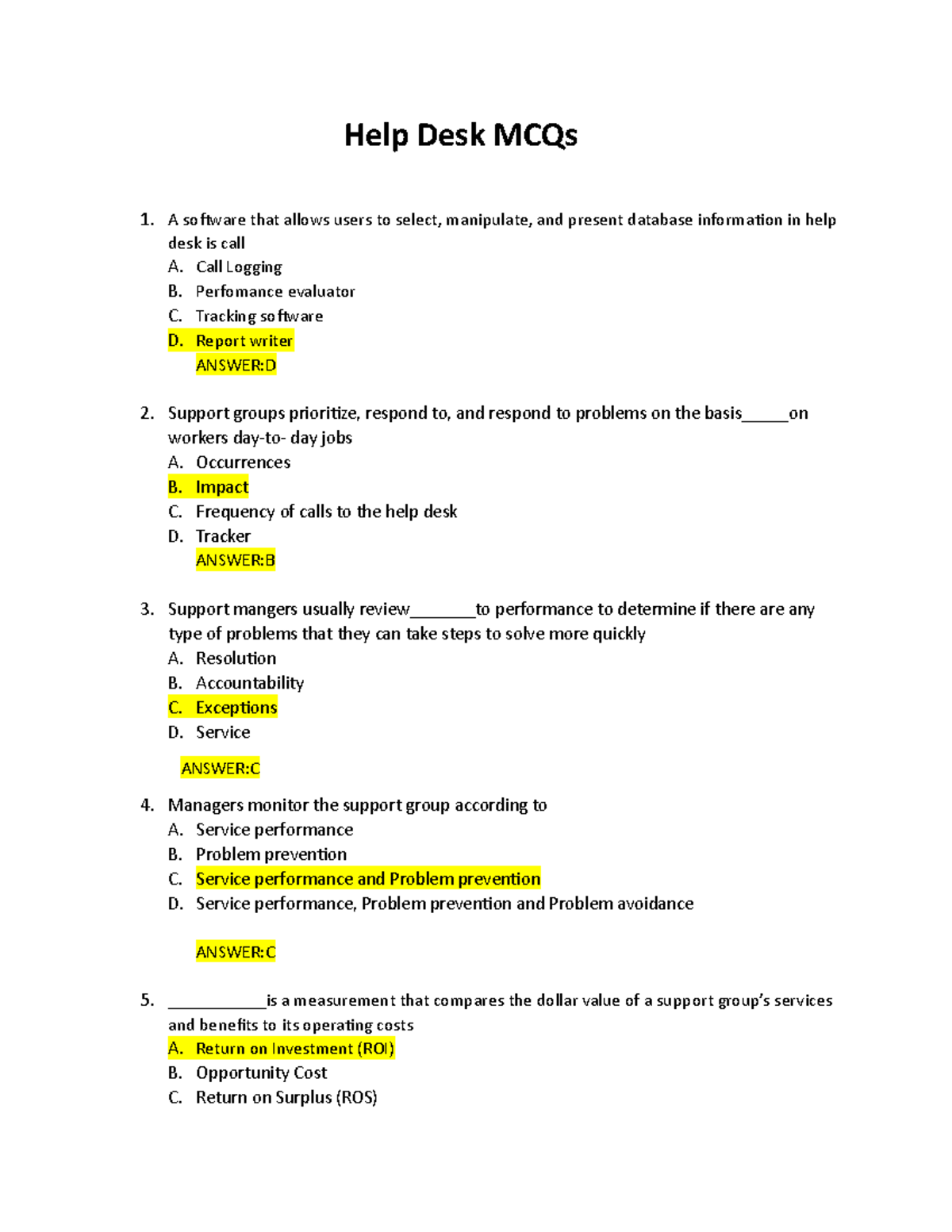 Service Desk 500 MCQs - 2ND Sem HCIT - Help Desk MCQs A software that ...