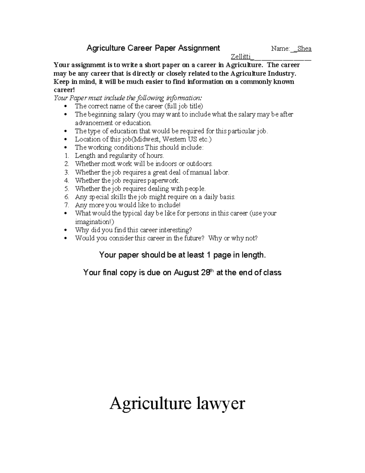Ag 1 Career paper assignment 23-25 - Agriculture Career Paper ...