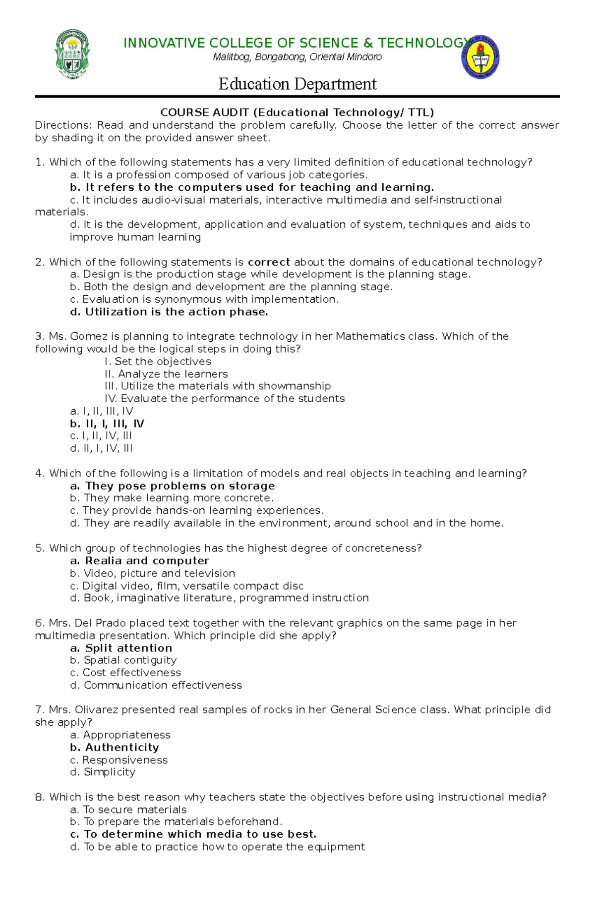 Educational Technology Course Audit (TTL) Sample Answers - Studocu
