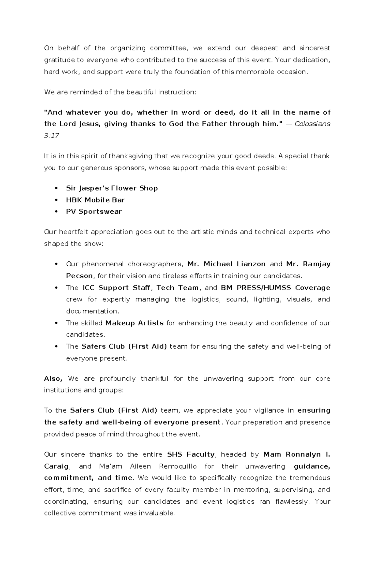 Acknowledgement of Contributions - NAAAAA Event Success - Studocu
