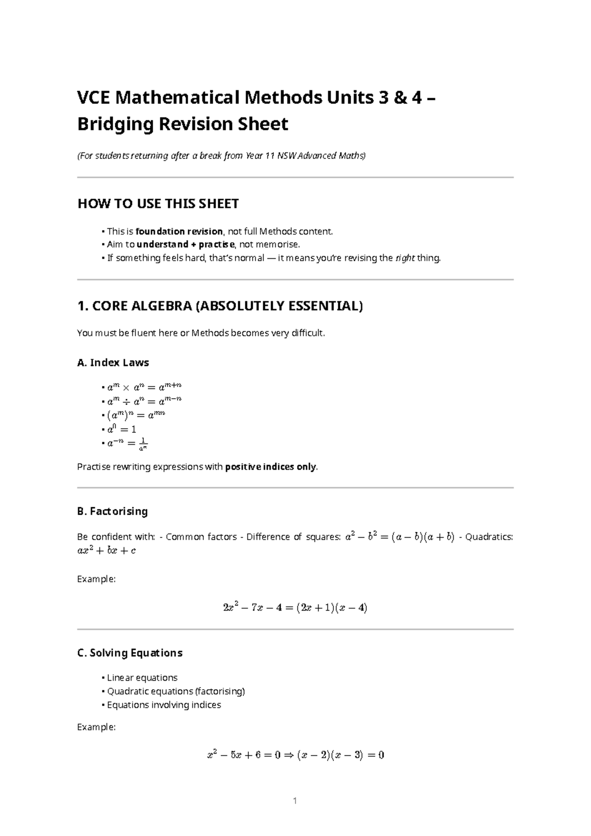 VCE Mathematical Methods 3/4 Bridging Revision Guide - Studocu